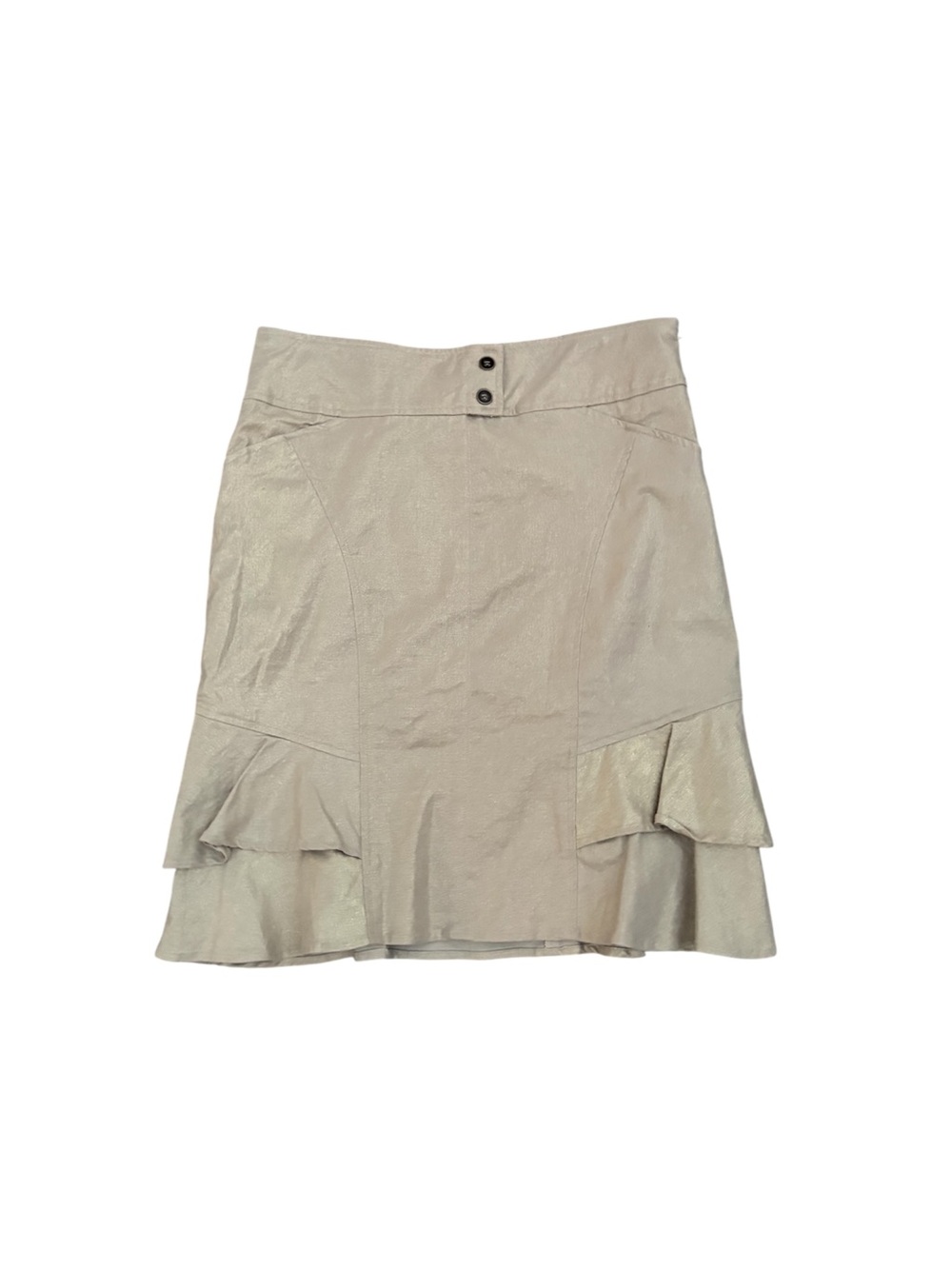 Cache Tan Linen Ruffle Hem Skirt Gold Thread Metallic Y2K